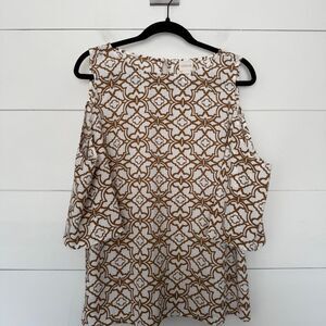 Chico’s Women’s 2 Brown White Cold Shoulder Blouse Top